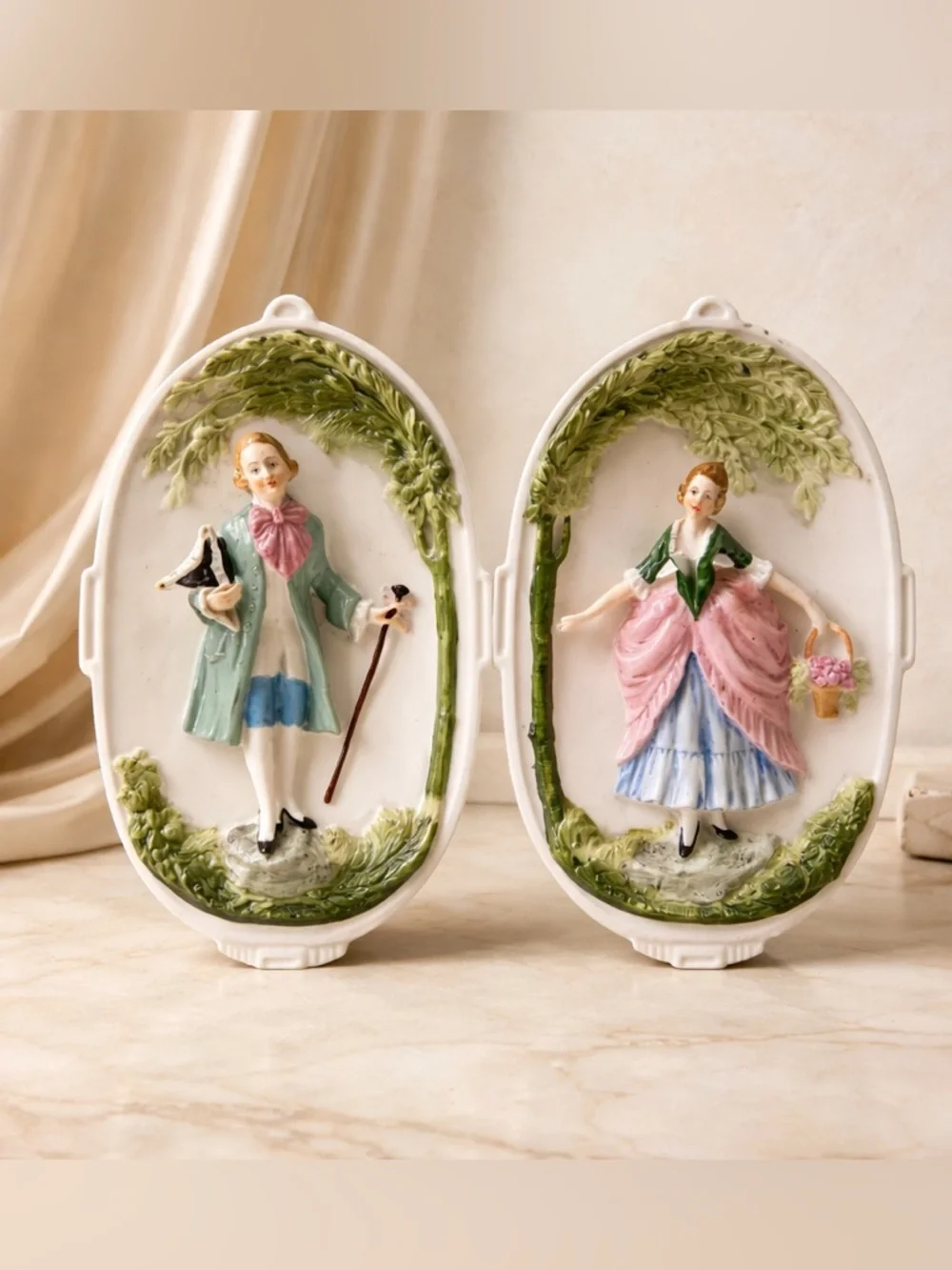 Ardico Porcelian Victorian Lady and Gentleman Wall plaques